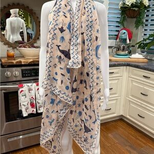 Printed Village Beige and Blue Sea Scape Patterned Scarf 37x74